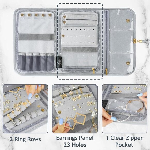 Jewelry Travel Organizer for Women, Tangle Free Portable Leather Jewelry Storage - Picture 4 of 8